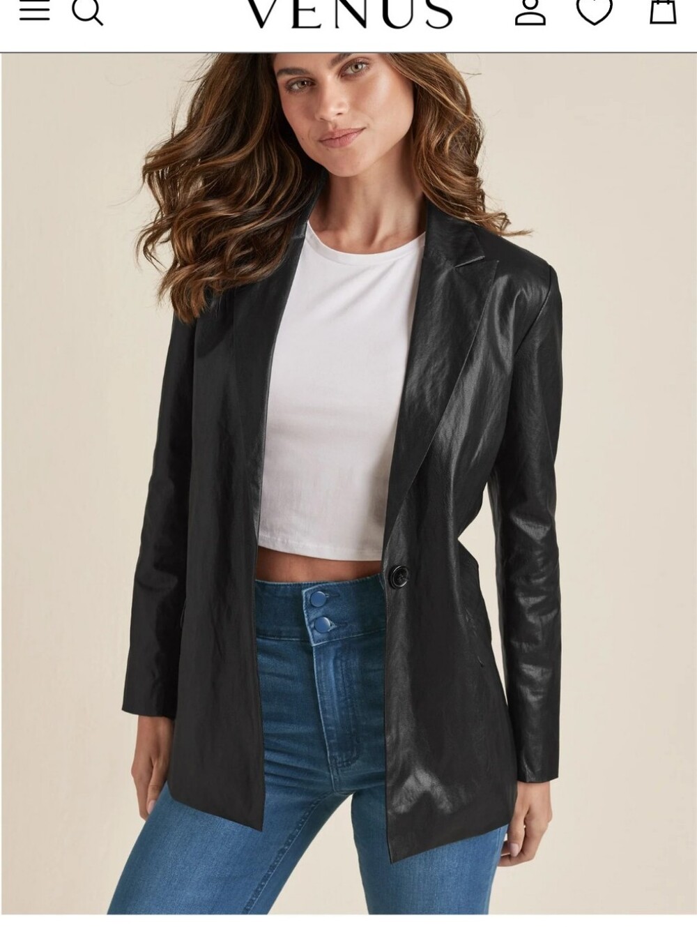 VENUS Black Faux-Leather Single-Button Blazer